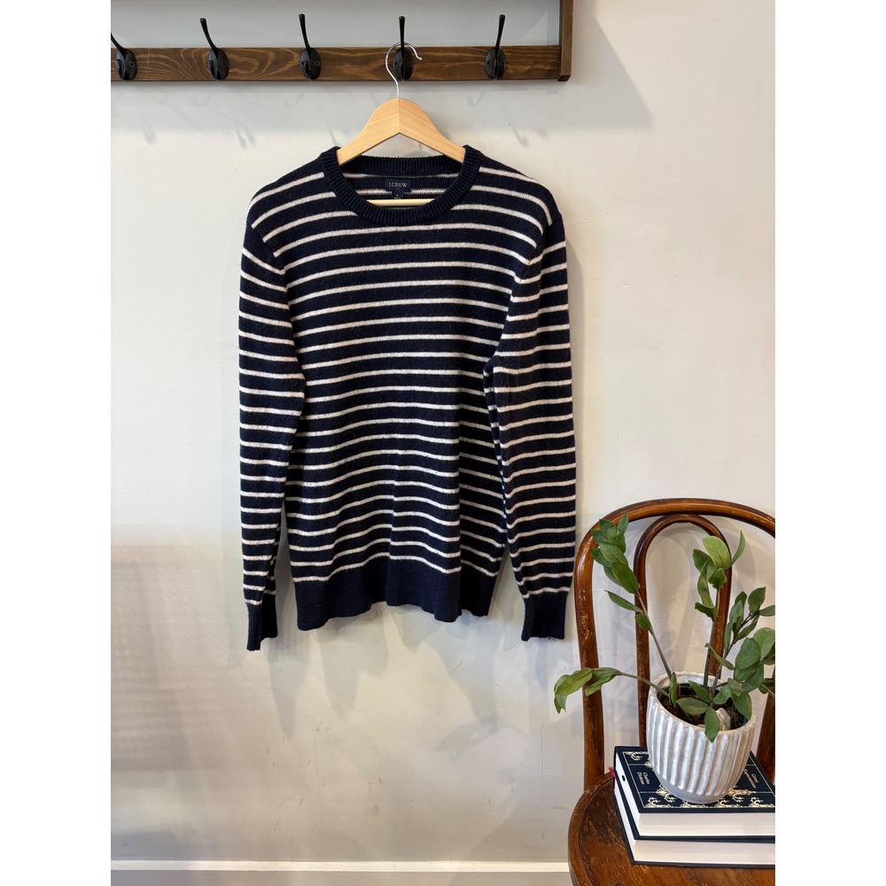 J.Crew Navy Blue & White Striped Lambswool Blend Crewneck Sweater